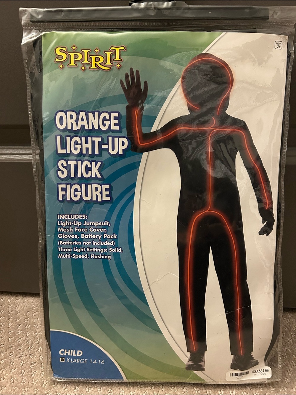 Spirit Orange Light-Up Stick Figure Kids Jumpsuit Costume